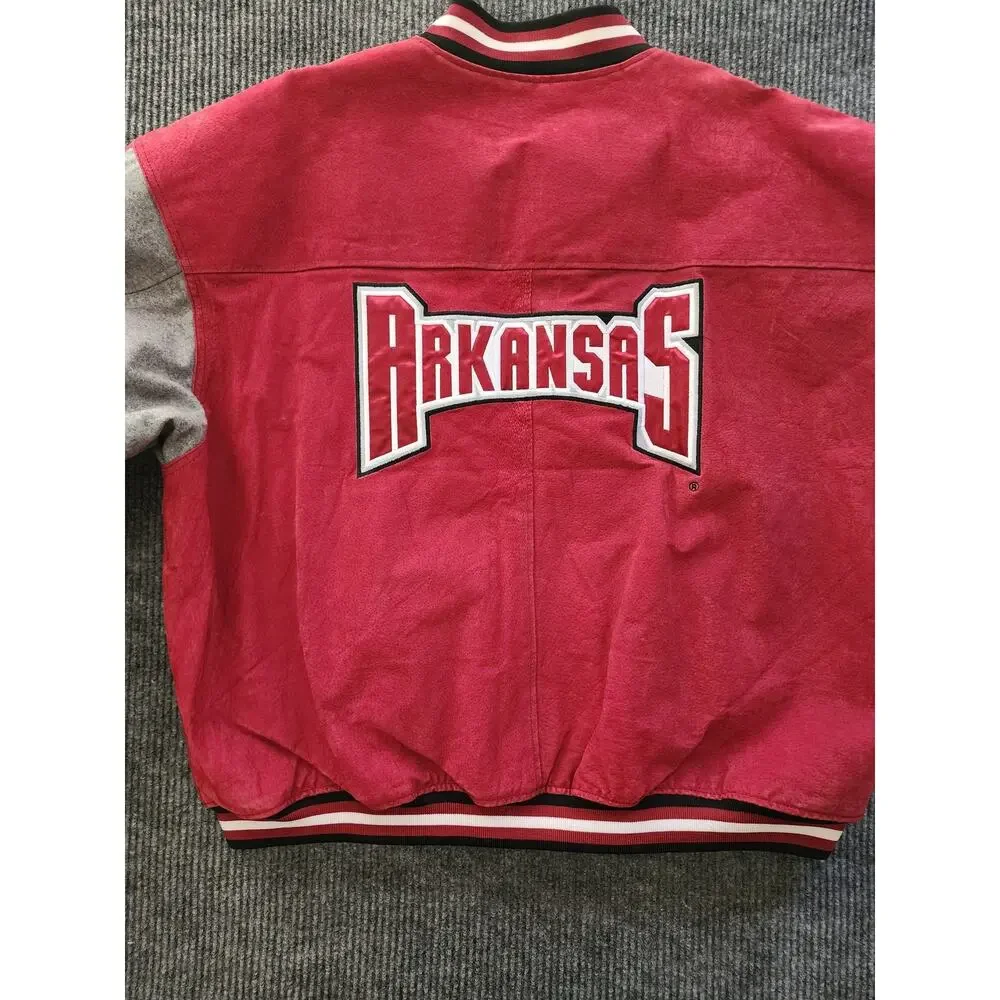 Arkansas Razorbacks XXL Red Gray Leather Suede Quilted Bomber Jacket Collegiate